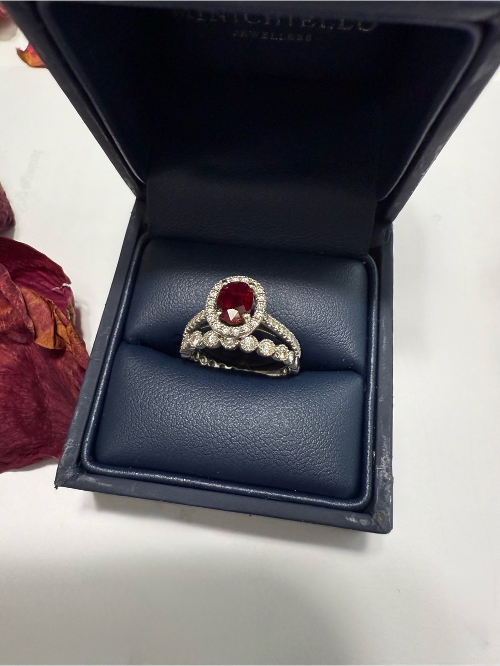 Brand New 18k white Gold Natural Ruby Halo Ring with Nat Diamond Accents